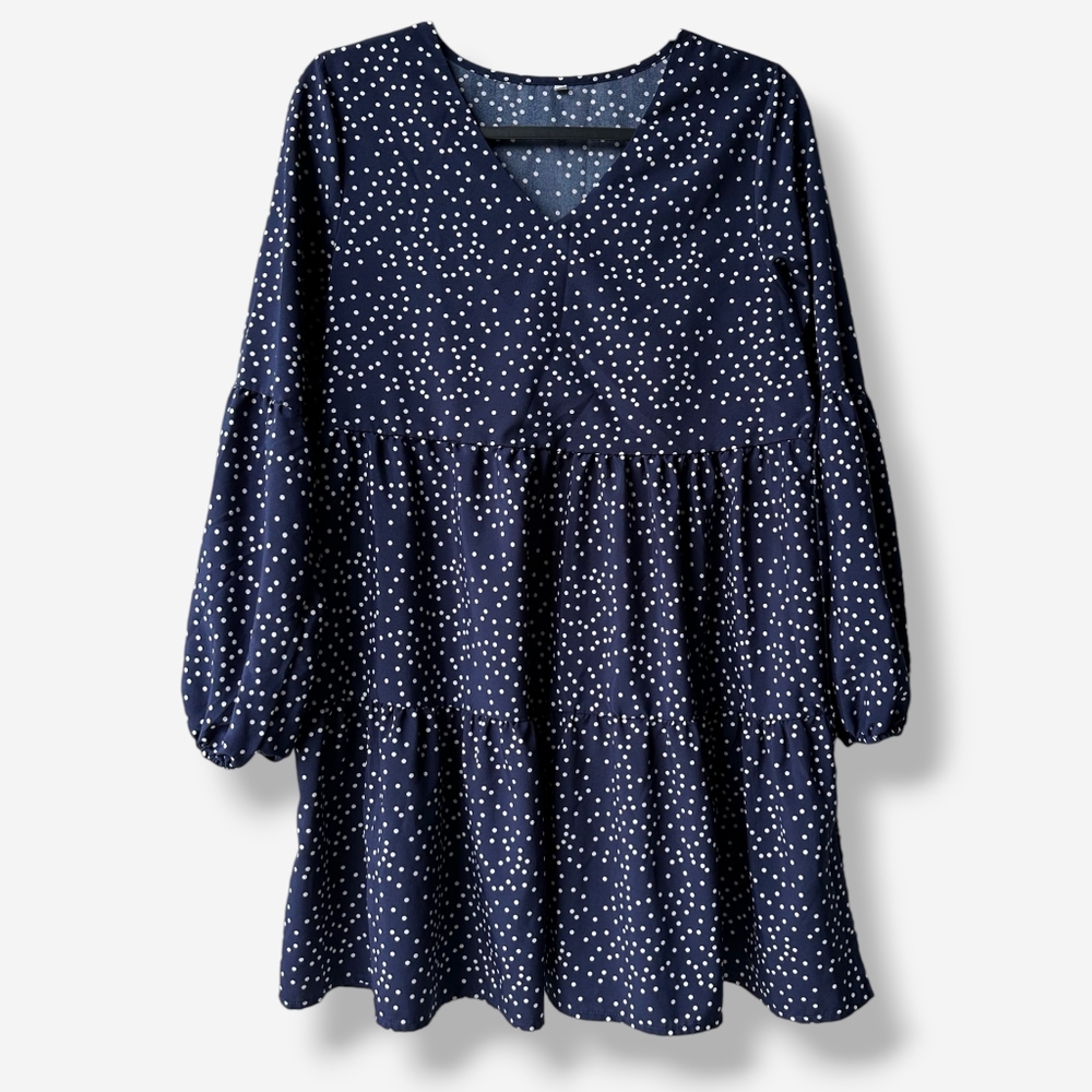 Flowy Navy Blue Baby Doll Polka Dot Dress in Small Balloon Long Sleeves